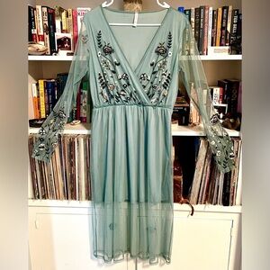 Xhilaration Embroidered Boho Mesh Midi Dress Blue-Sage Cottagecore Size Medium